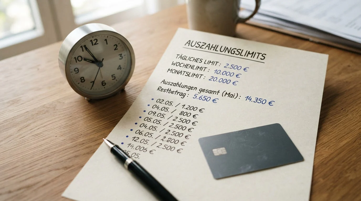 Handschriftliches Zahlungsblatt mit Zahlen, Uhr und Bankkarte auf einem Tisch
