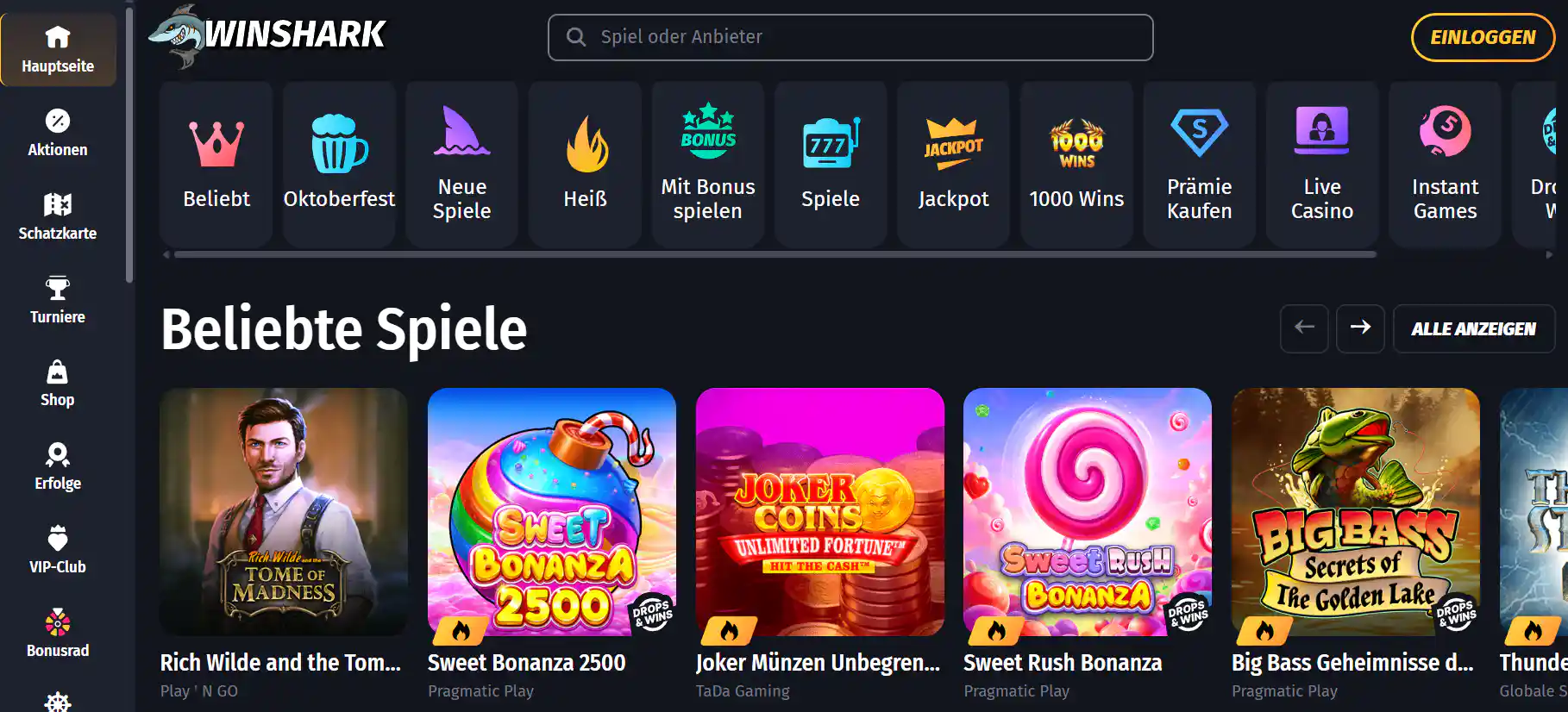 Startansicht des WinShark-Casinos im Browser